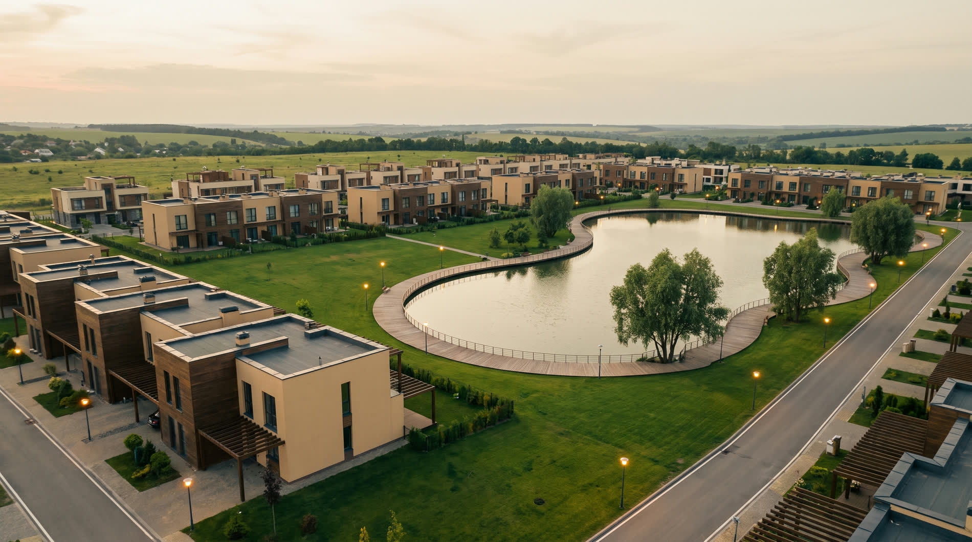 Аэросъёмка Green Lake Village — посёлок и озеро на закате